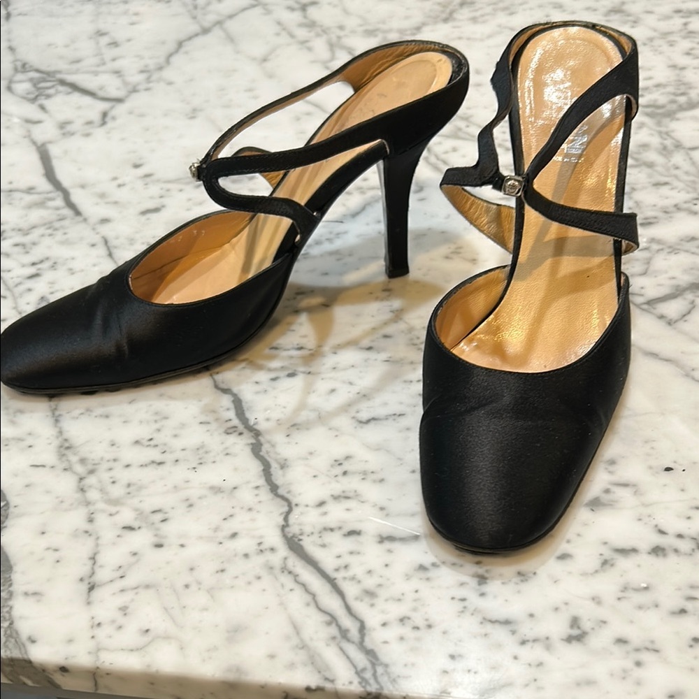 Vintage Gianni Versace!  Metal Logo Detail Black Satin Women's Heels Mules